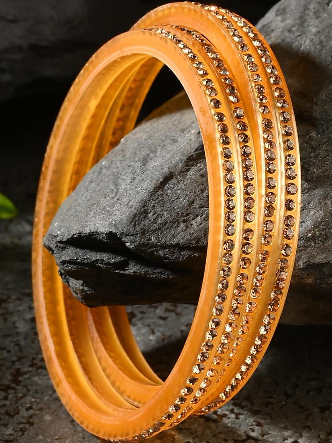 1ST TIME Women Gold Stone Studded Set Of 4 Glass Bangle