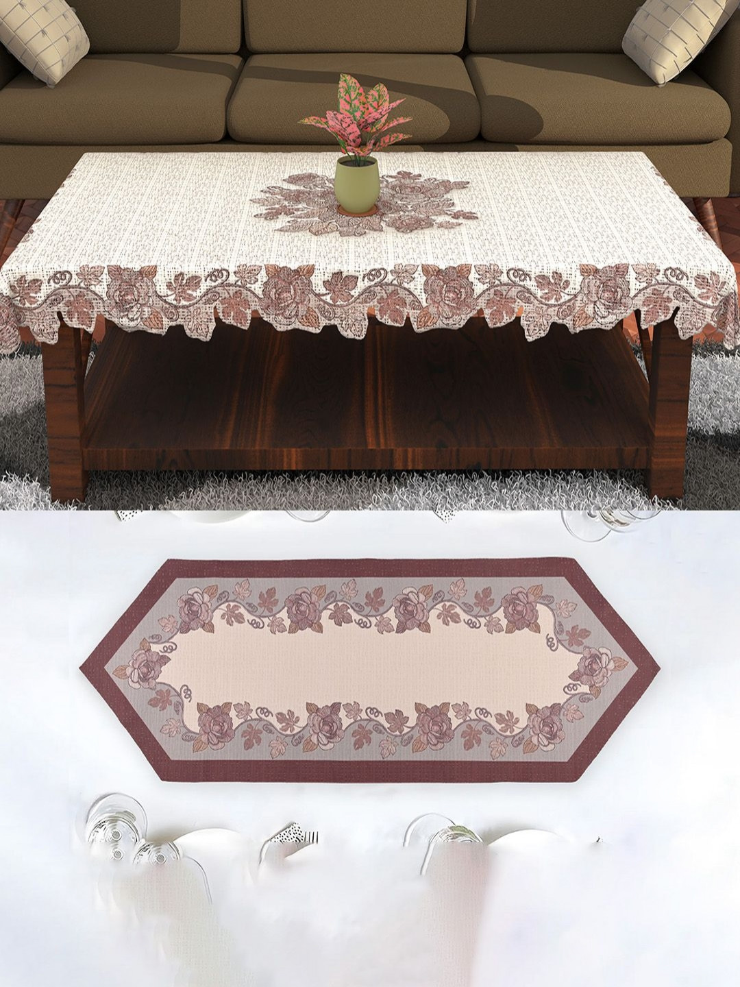 RUBOXA Cream-Coloured & Brown 2 Pieces Printed Cotton 4-Seater Table Cover & Runner