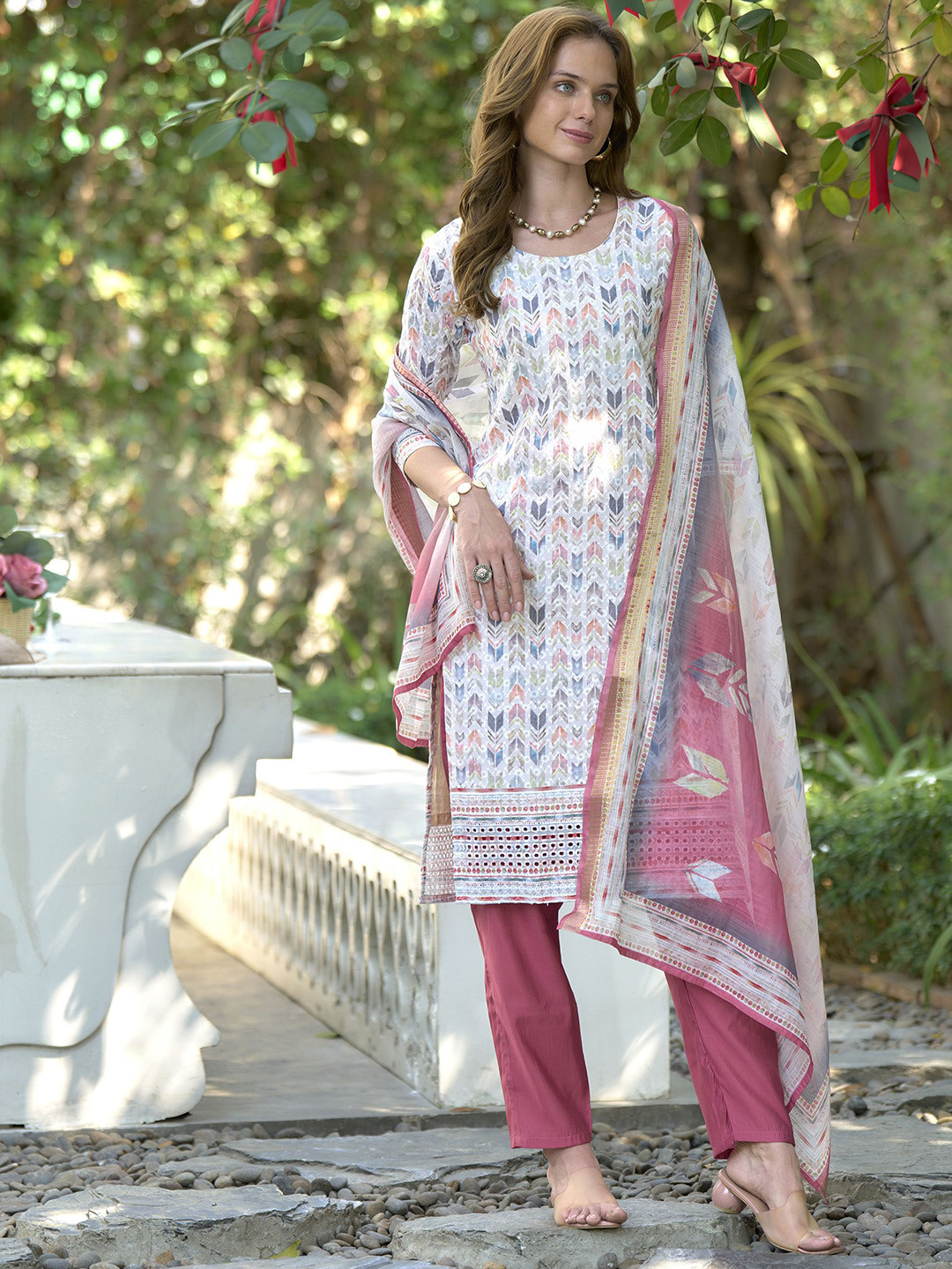 BE IN TEXO FAB Geometric Printed Chikankari Pure Cotton Kurta With Trousers & Dupatta