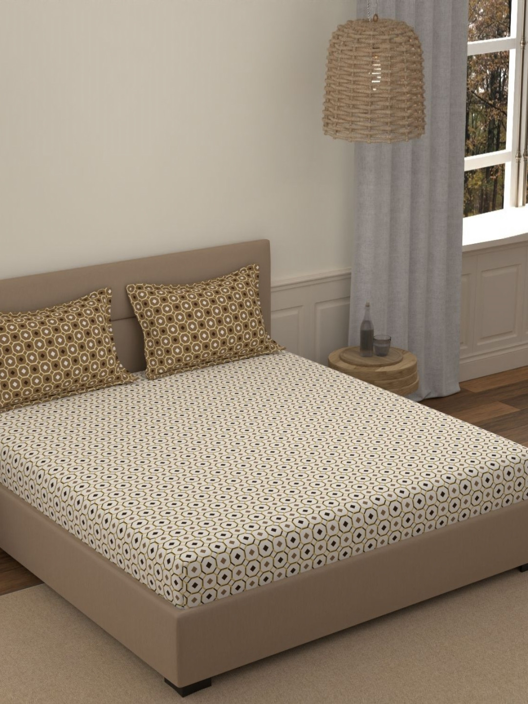 Portico Fusion 144 TC Cotton Beige Double Size Bedsheet With 2 Pillow Covers