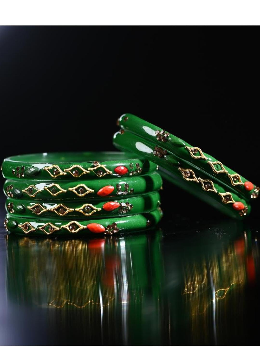 1ST TIME Green Glass Traditional Bangles Set
