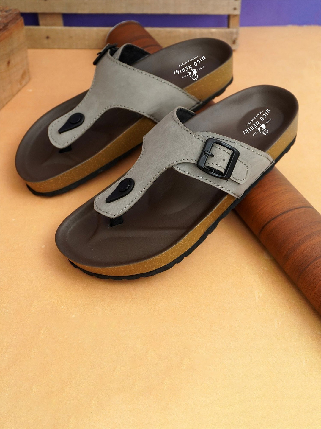 NICO NERINI Men Lightweight Anti Slip Buckle Leather Comfort Sandals