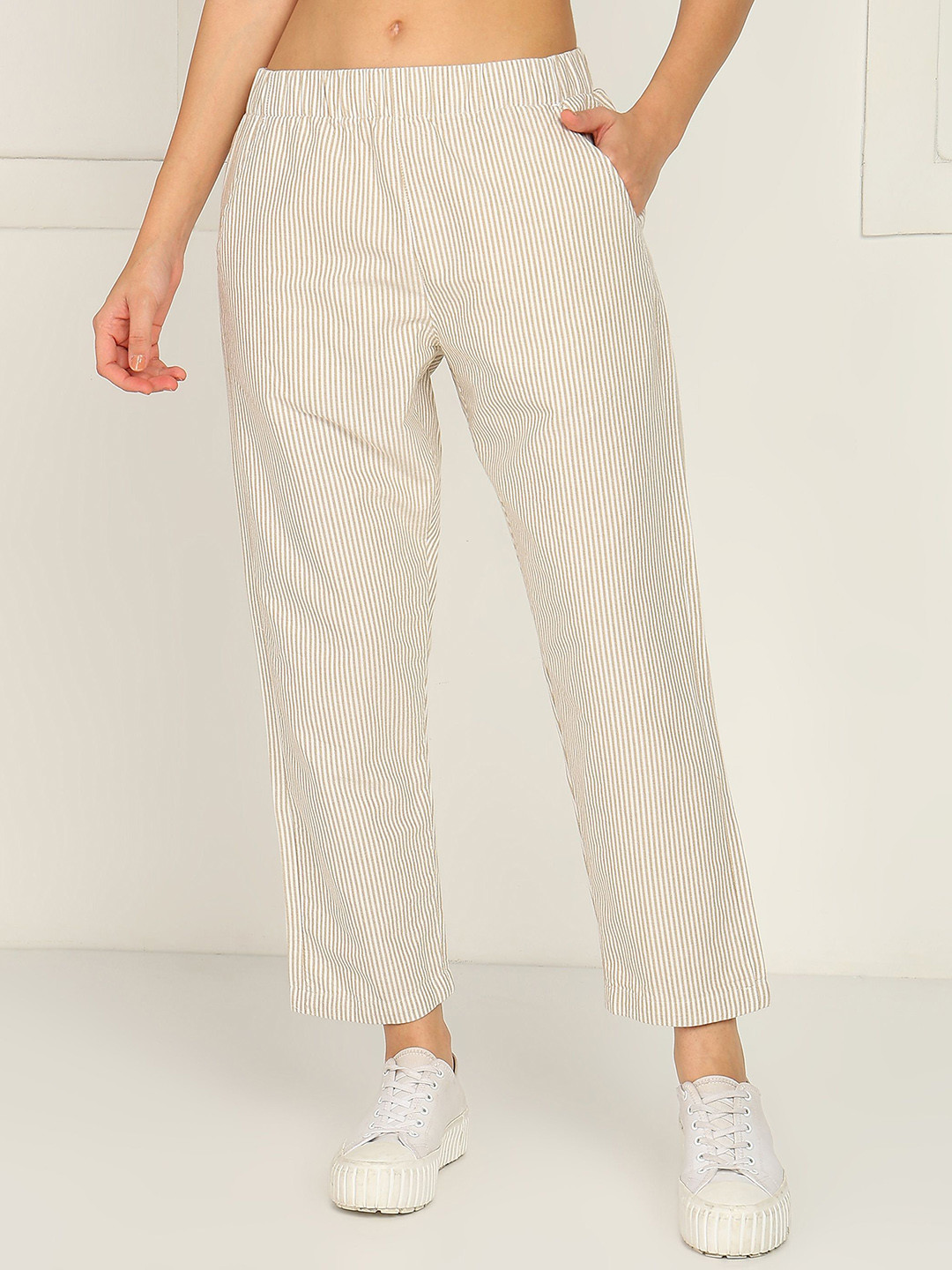 Alan Jones Women Cotton Striped Relaxed Ankle Pants
