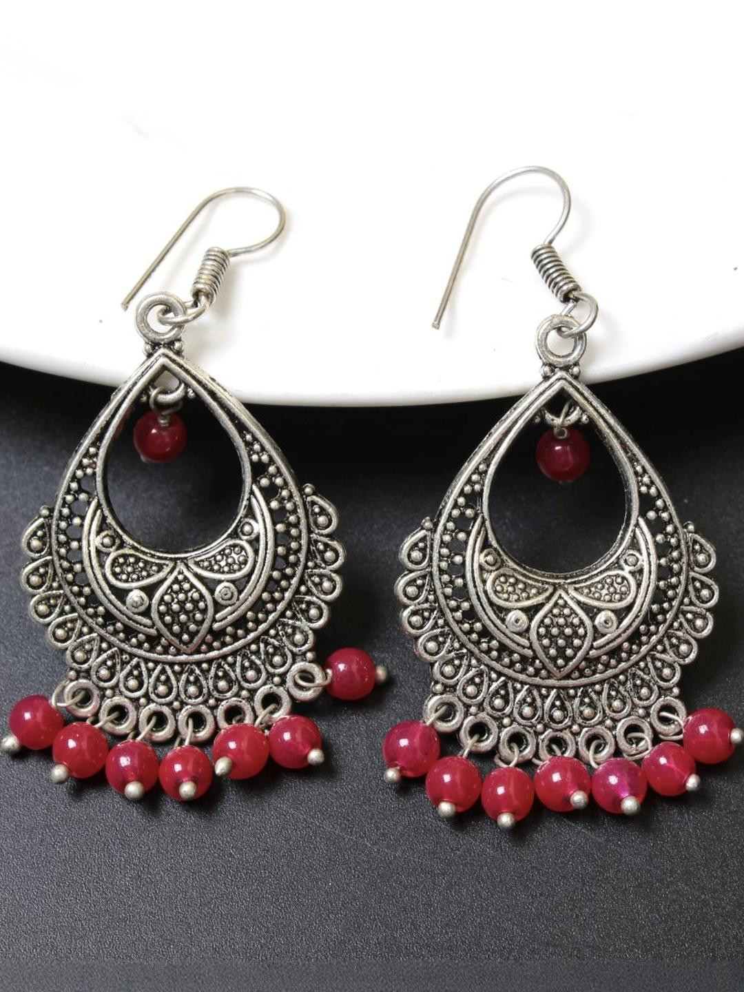 FASHION EMPIRE Oxidised Silver Plated Chandelier Red Colour Earring