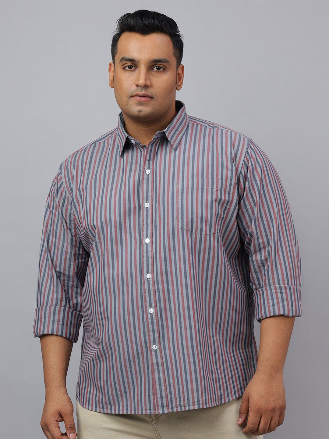 NEON CHILLIE Men Plus Size Contemporary Fit Vertical Striped Pure Cotton Casual Shirt
