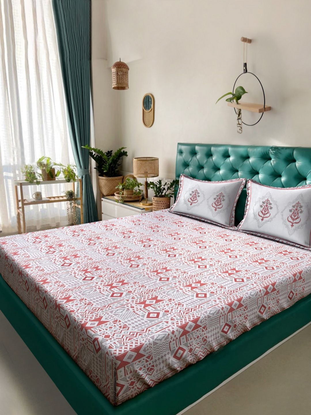 Myntra Elegant Homes Red Printed Pure Cotton 400TC Super King Bedsheet Set 2.7 x 2.7 m
