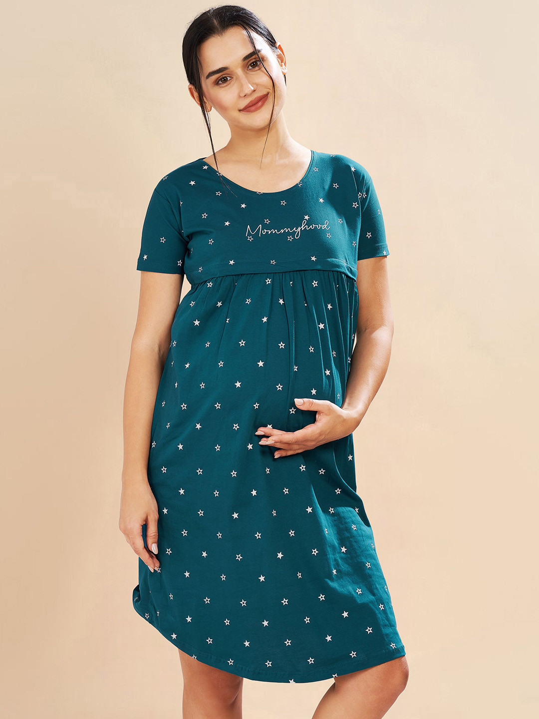 PASTEL CLIP Women Stars Printed Pure Cotton Nightdress