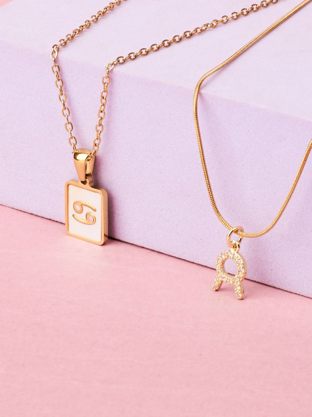 SALTY Set Of 2 Artificial Stones-Studded Cancer & Taurus Pendant With Chain