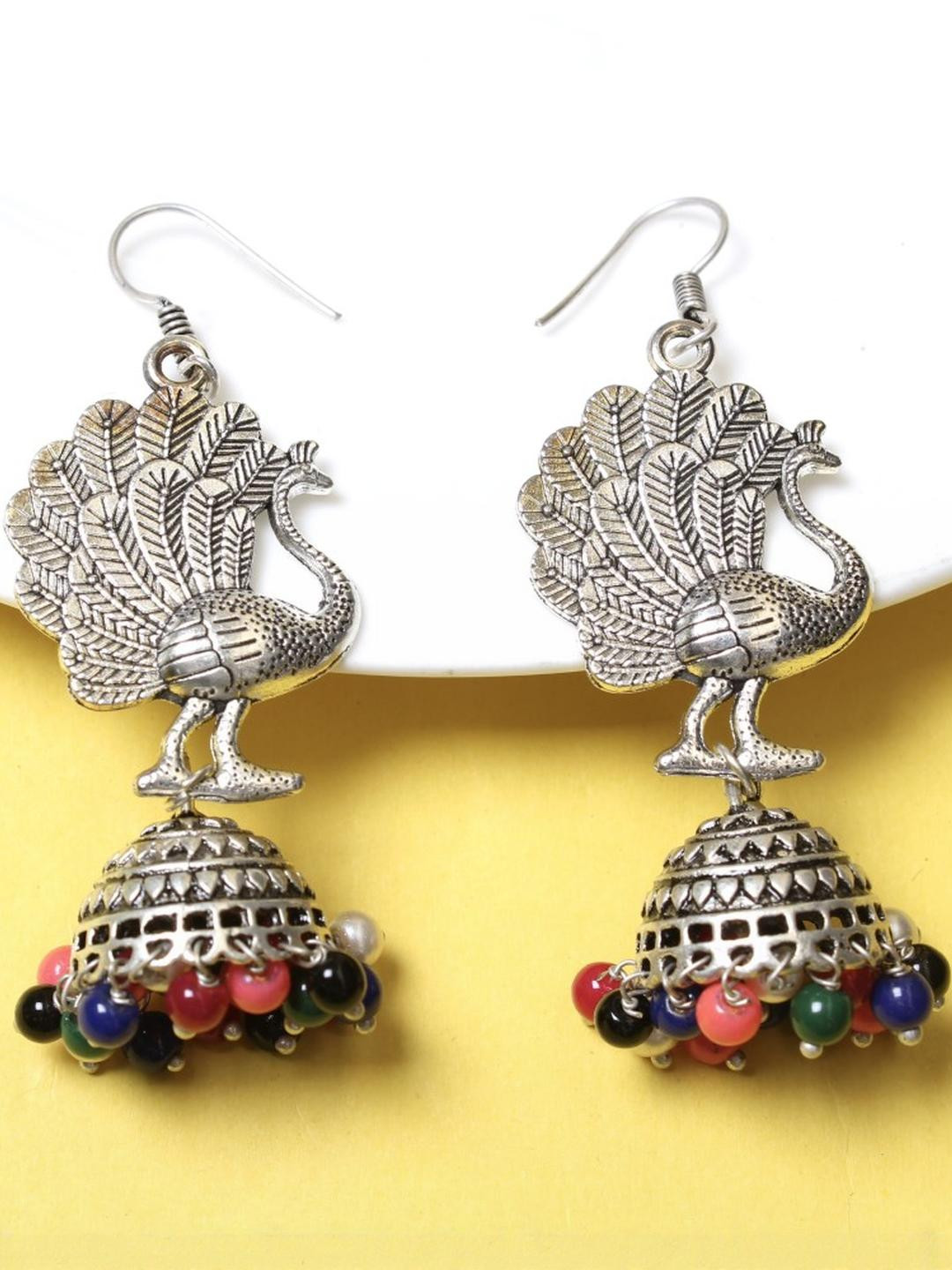 FASHION EMPIRE Silver Peacock Jhumka Multicolour Beads Earrings