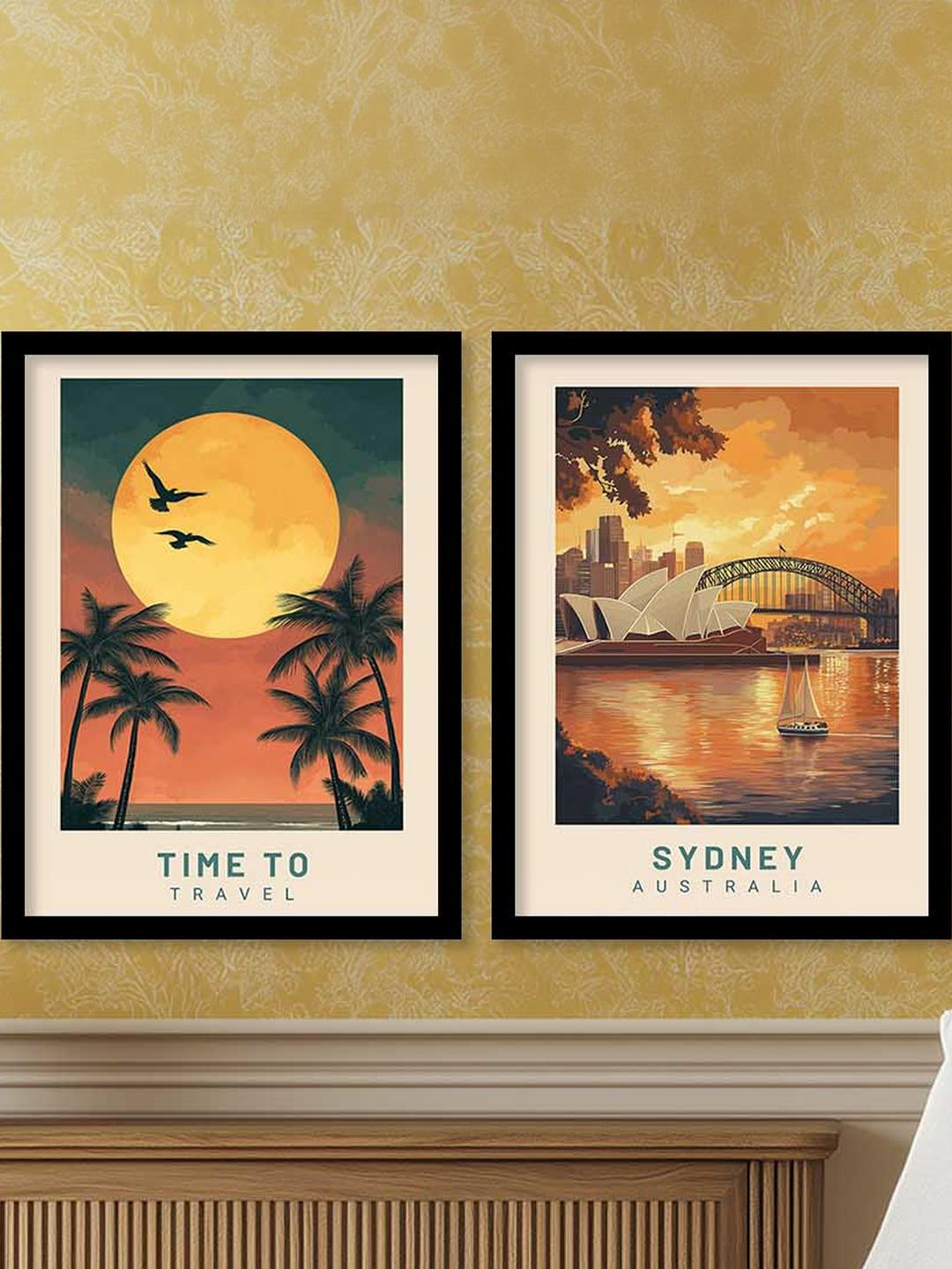 WALLLANE Black Set Of 2 Travel Wall Art Poster With Frame Decor Wall Paintings