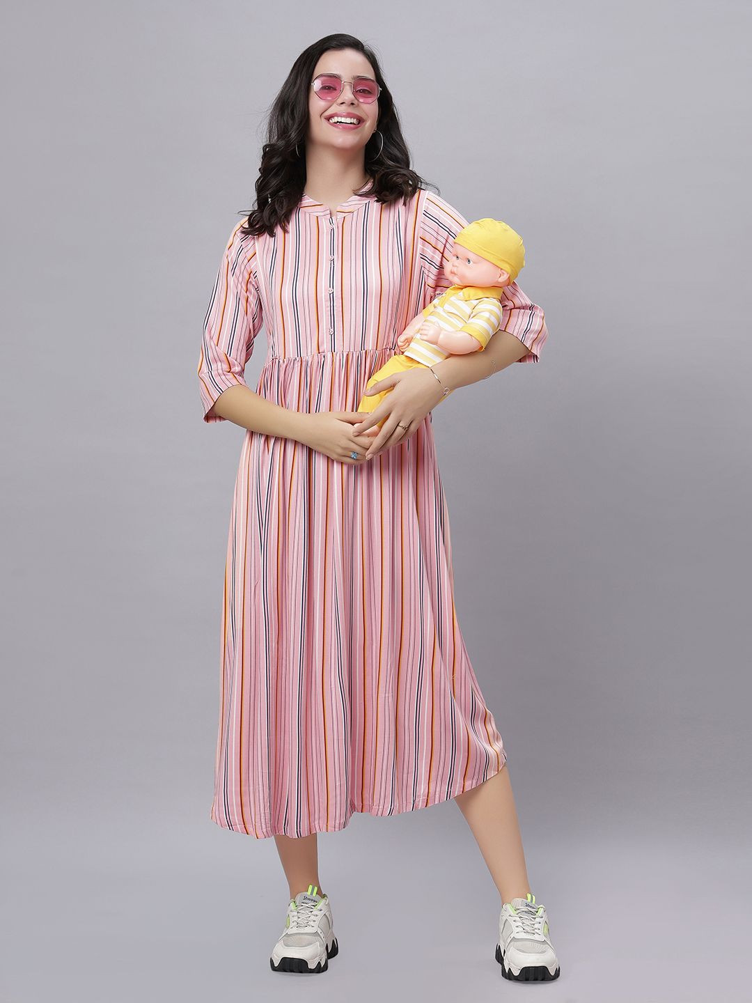 Mammas Maternity Women Striped Fit and Flare Midi Dress