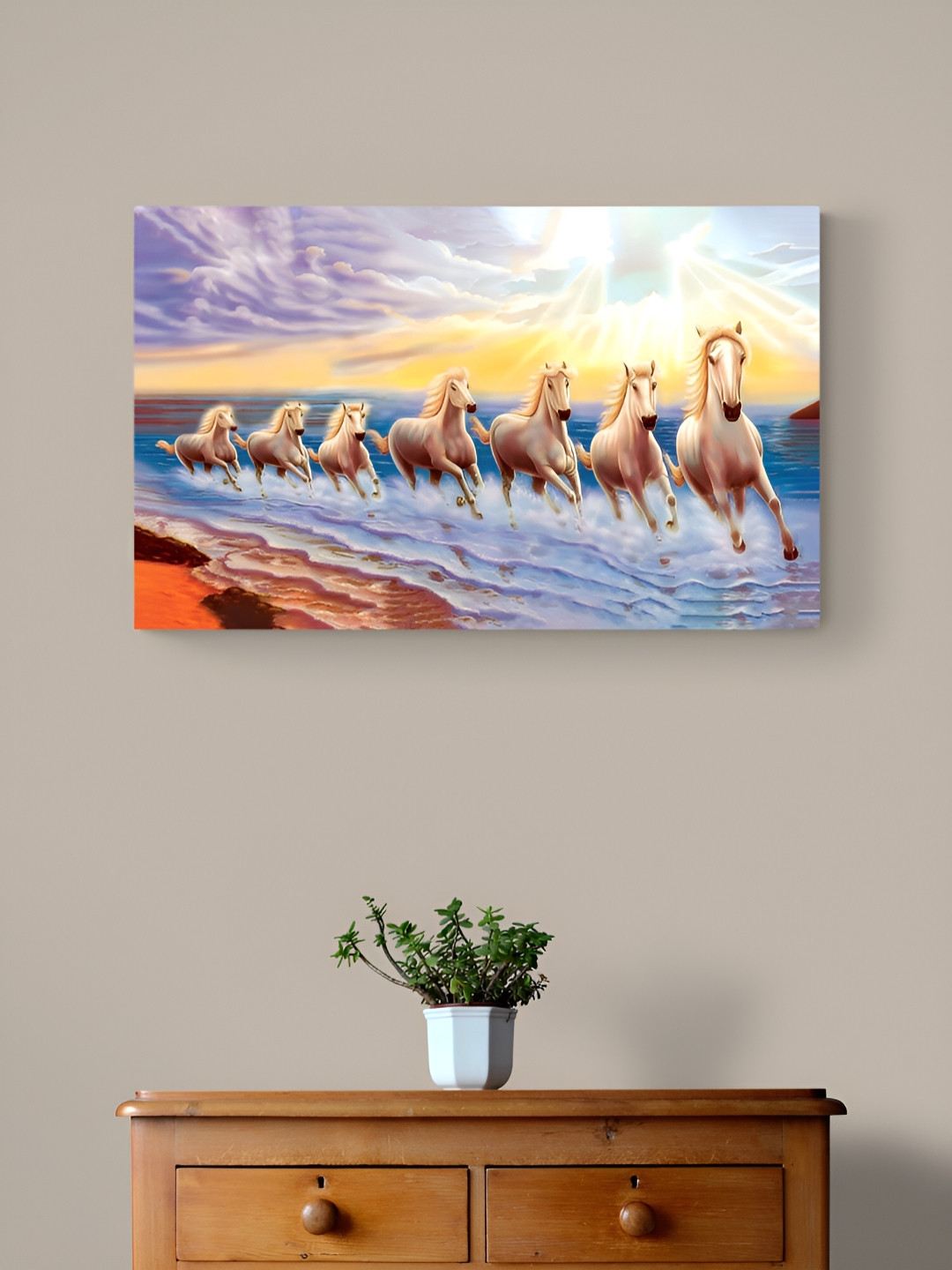 Tushaco Handicrafts Seven Horse Stretched Canvas Wrapped Wall Painting