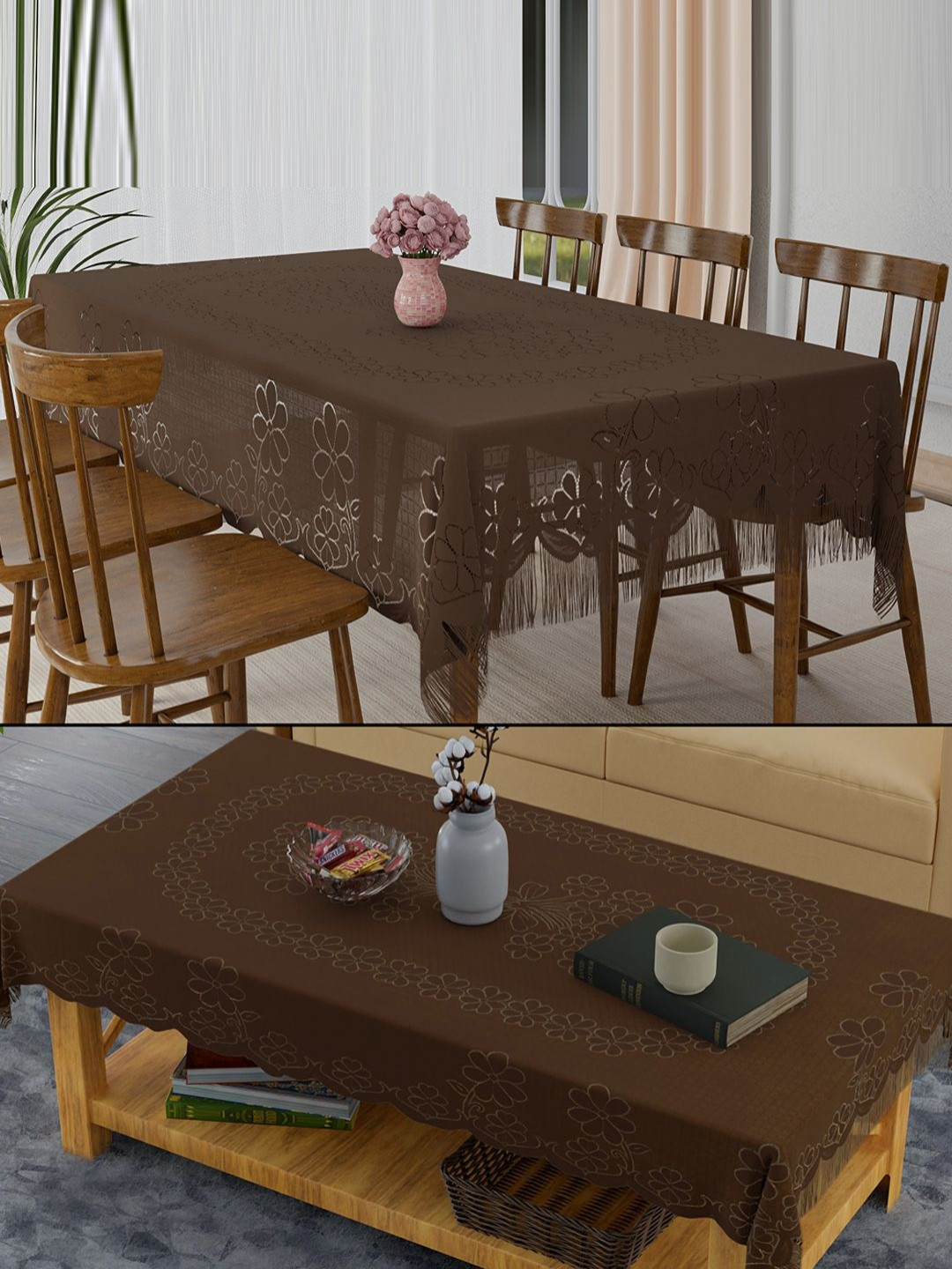 RUBOXA Coffee Brown 2 Pieces Self Design Waterproof 6-Seater Table Covers