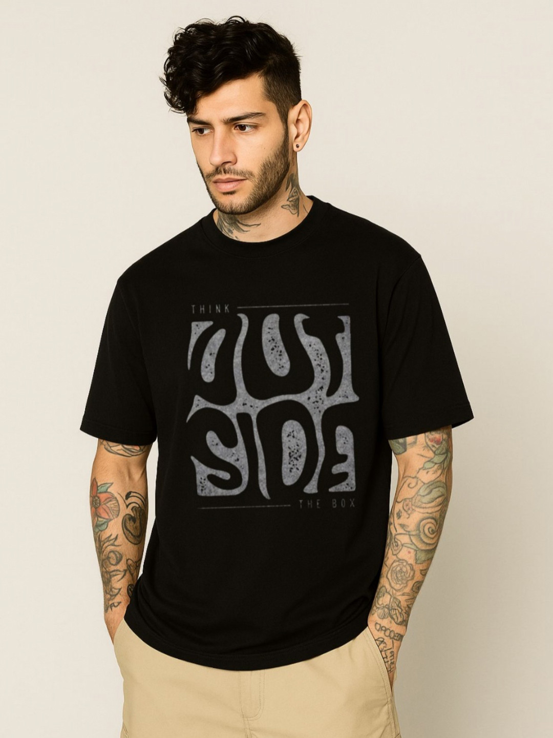 Be Crazy Think Outside Box Printed Round Neck Oversized Cotton T-shirt