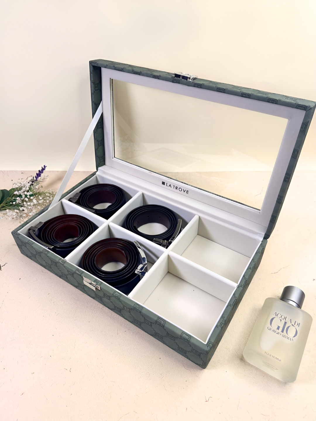 La Trove 6 Slot Olive Green Leather Belt Box Display Organizer Closet Box