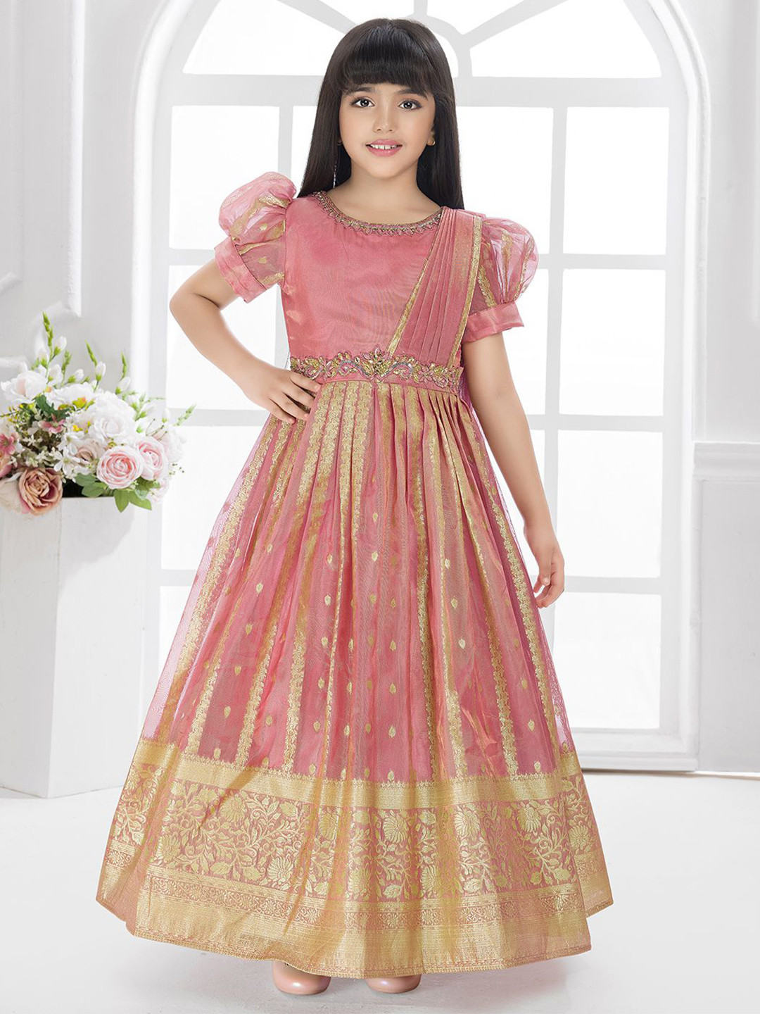 BETTY Girls Embellished Fit & Flare Puff Sleeves Maxi Ethnic Dress