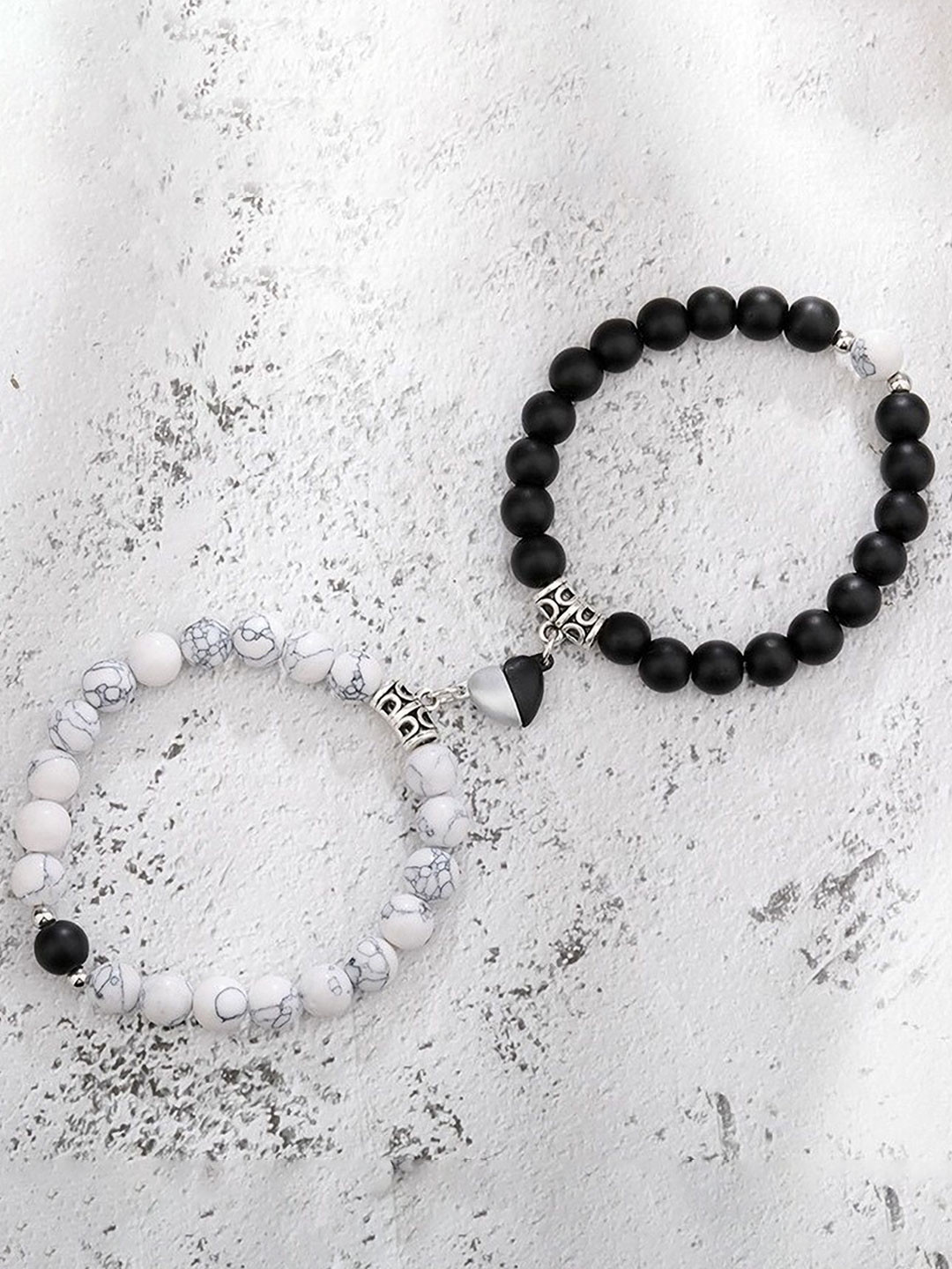 Ringzinnie Women Set of 2 Black & White Beaded Elasticated Bracelets