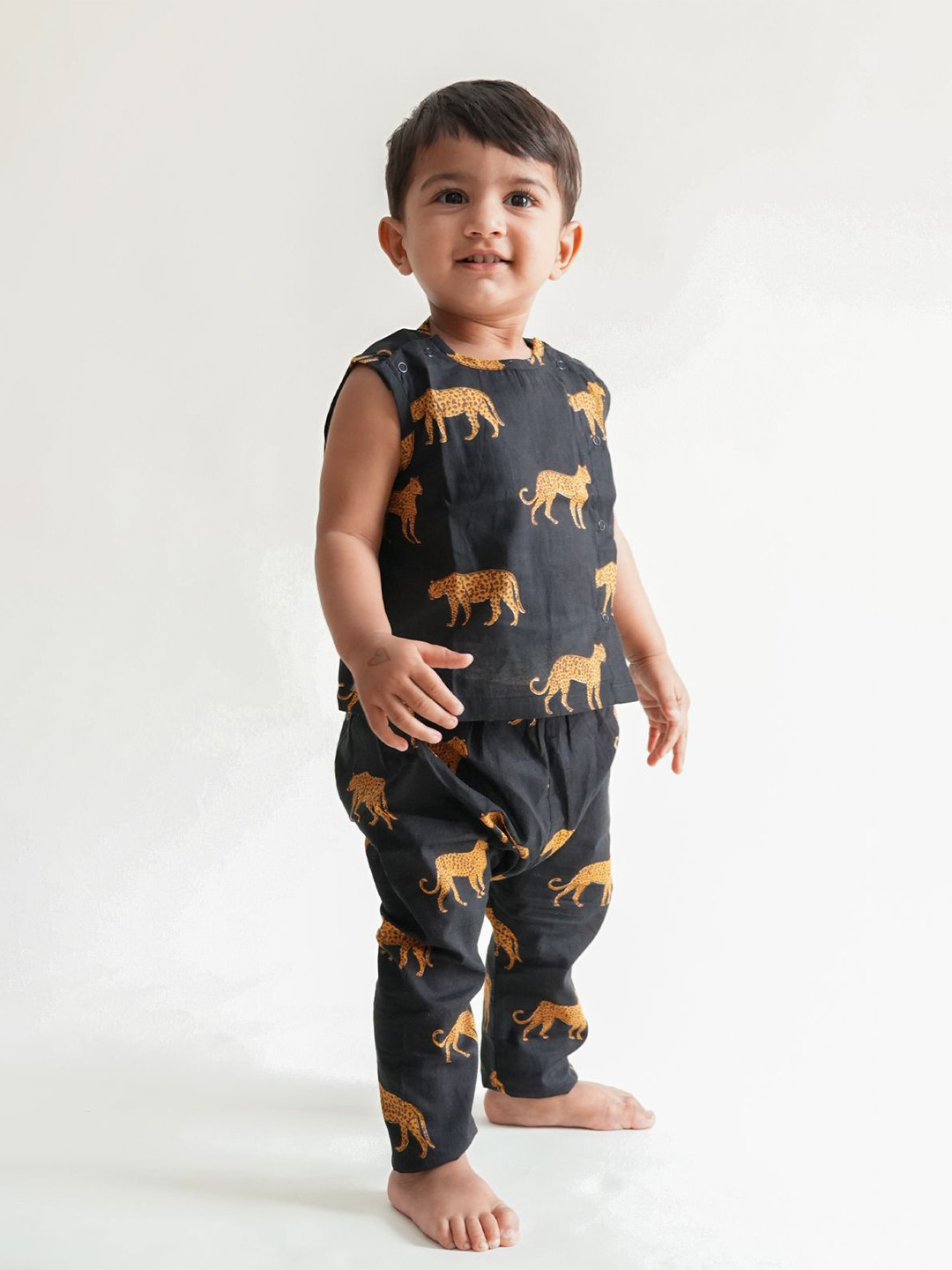 Tiber Taber Boys Black Cheetah Print Jhabla Set