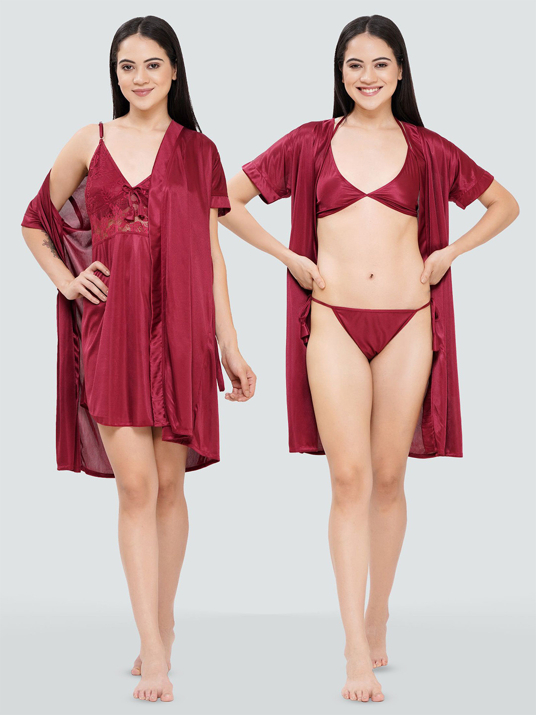 Dreambe Satin Shoulder Straps Sweat Nightdress with Robe and Bra with Thong