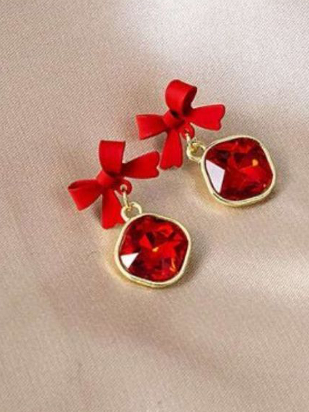 Neze Artificial Stones Studded Bow Quirky Drop Earrings