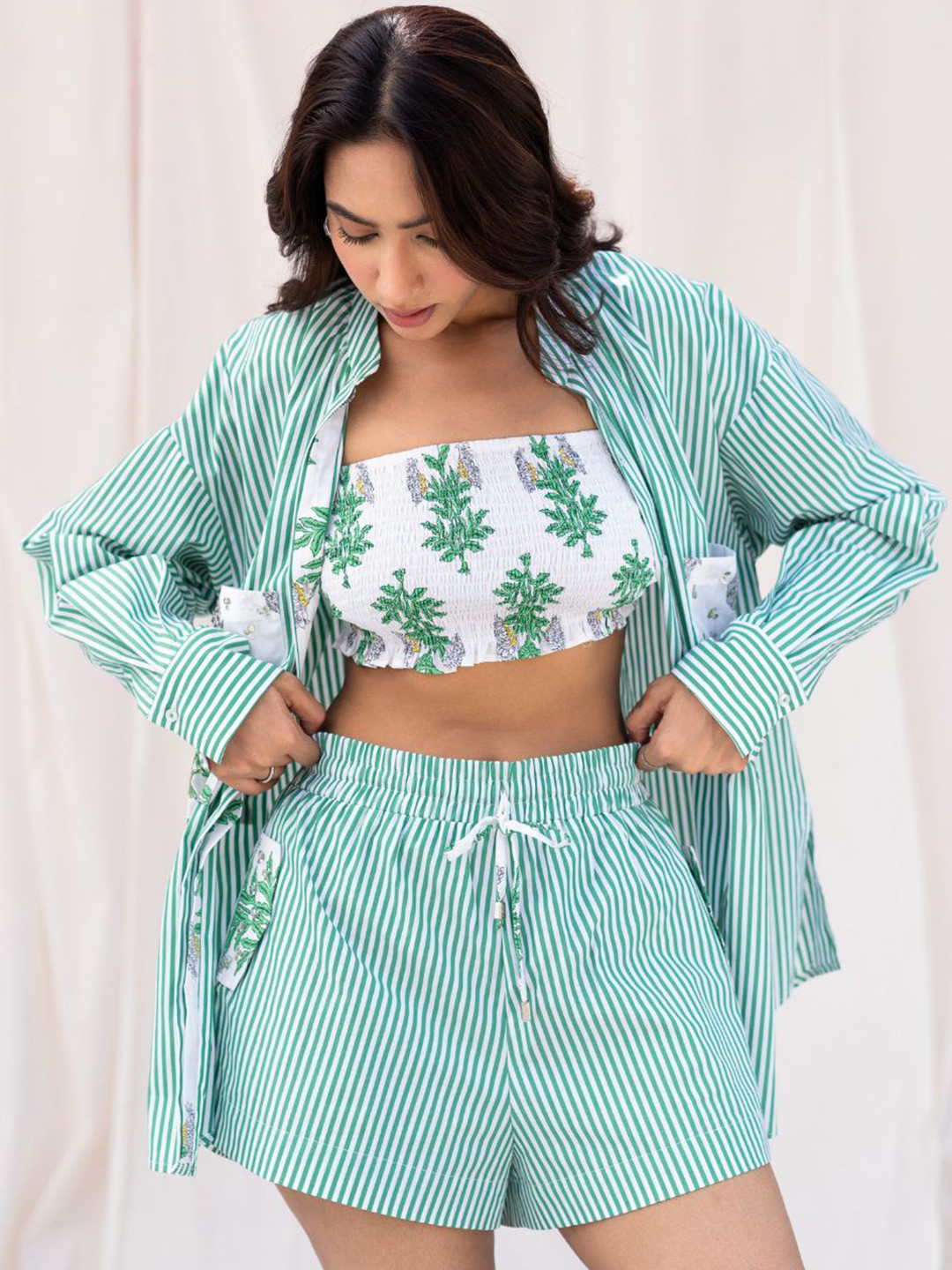 Urban Suburban Women Green Striped High-Rise Outdoor Cotton Shorts