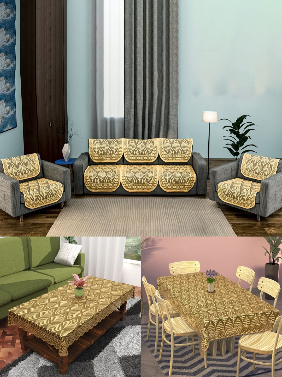 RUBOXA 12 Pieces Grey & Cream Cotton Sofa Cover Set & Center & Dining Table Cover