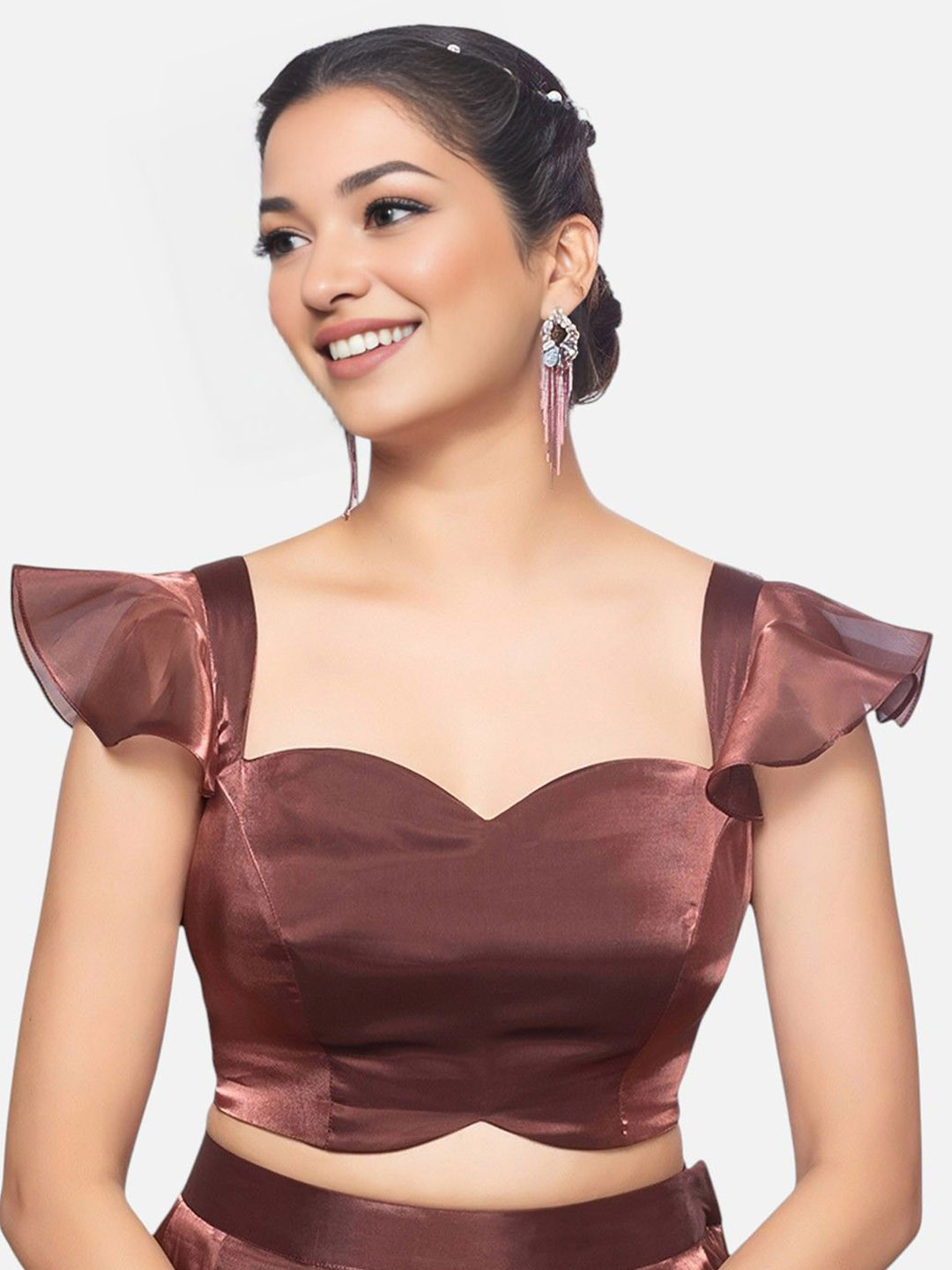 Biyu Women Sweetheart Neck Ruffle Sleeves Saree Blouse