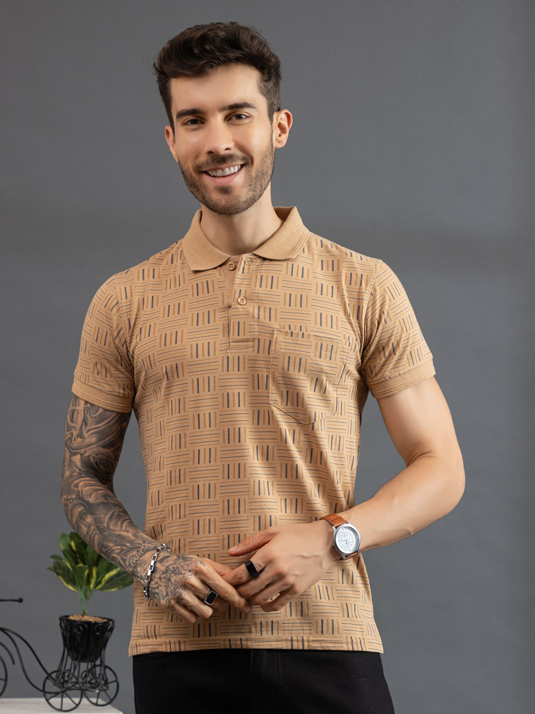 Dadu Dayal Men Bio Finish Striped Polo Collar Cotton T-shirt