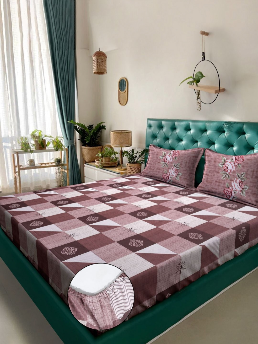 Myntra Elegant Homes Rust & White Geometric 400 TC King Bedsheet with 2 Pillow Covers