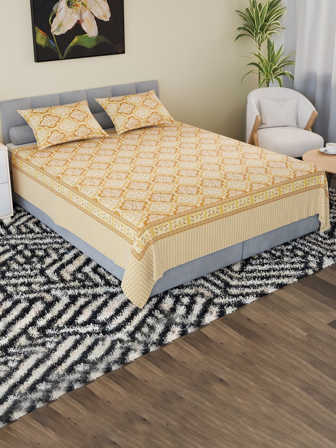 RUBOXA Brown & White Ethnic Motifs Cotton 160 TC Double King Bedsheet Set-2.64 m x 2.16 m