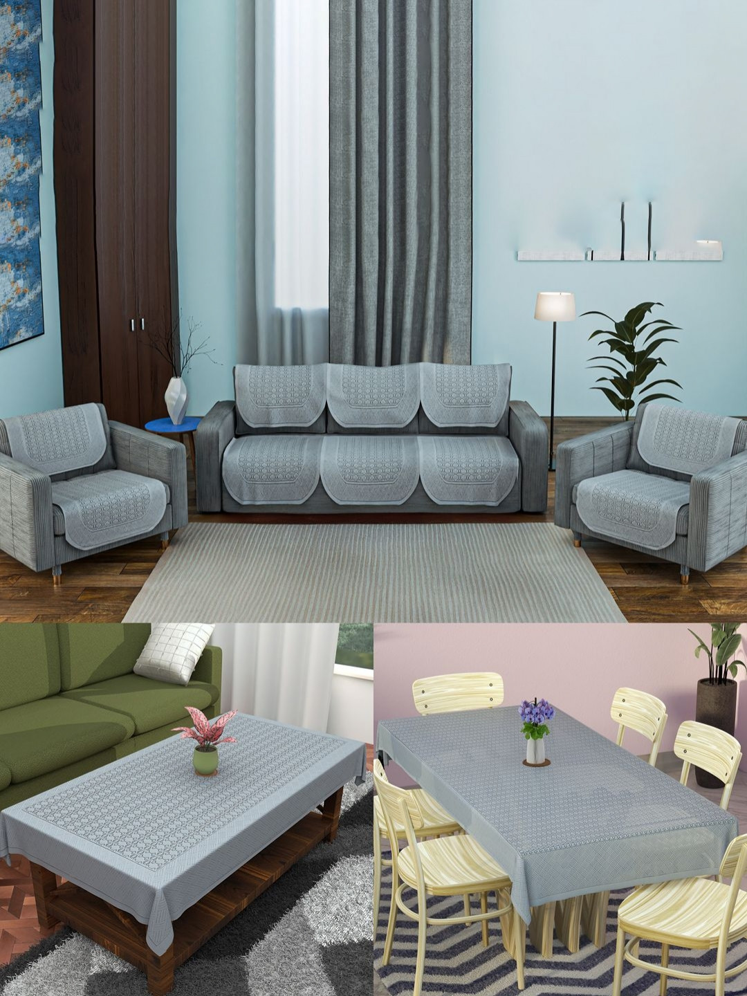 RUBOXA 12 Pieces Grey Cotton Sofa Cover Set & Center & Dining Table Cover