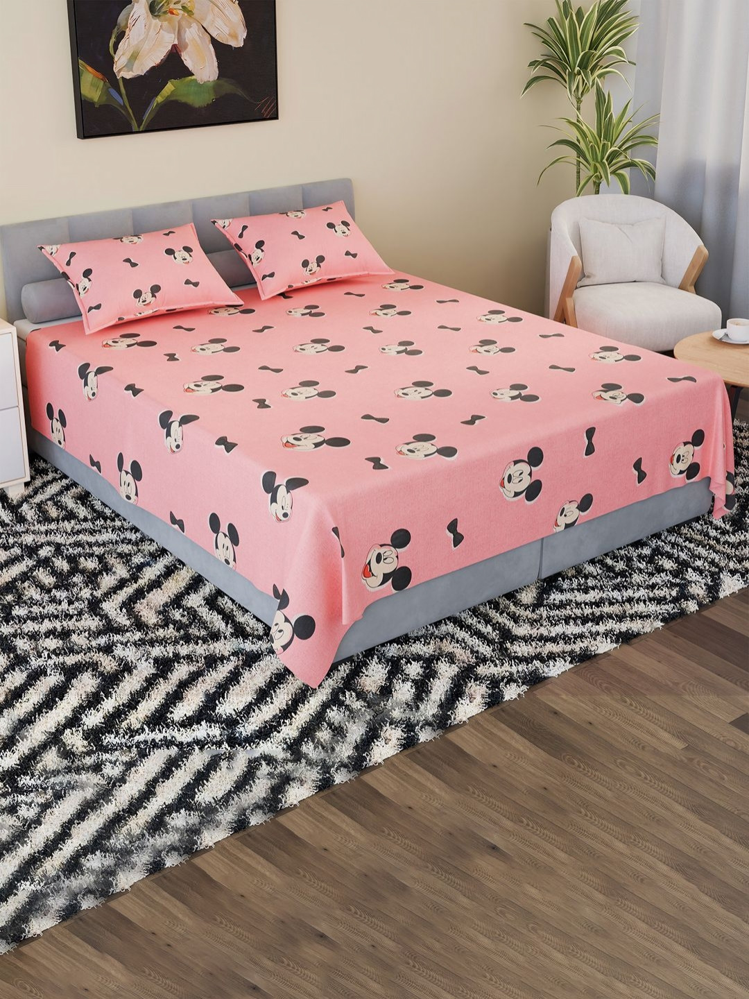 RUBOXA Pink & Black Cartoon Characters 144 TC King Bedsheet with 2 Pillow Covers