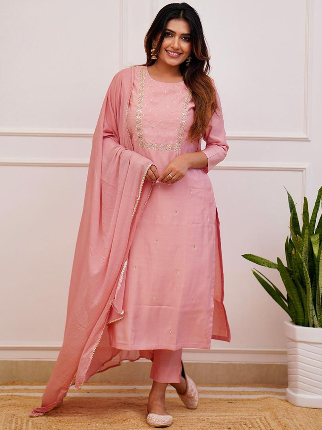 RUNAYA NX Floral Embroidered Thread Work Straight Kurta With Trouser And Dupatta