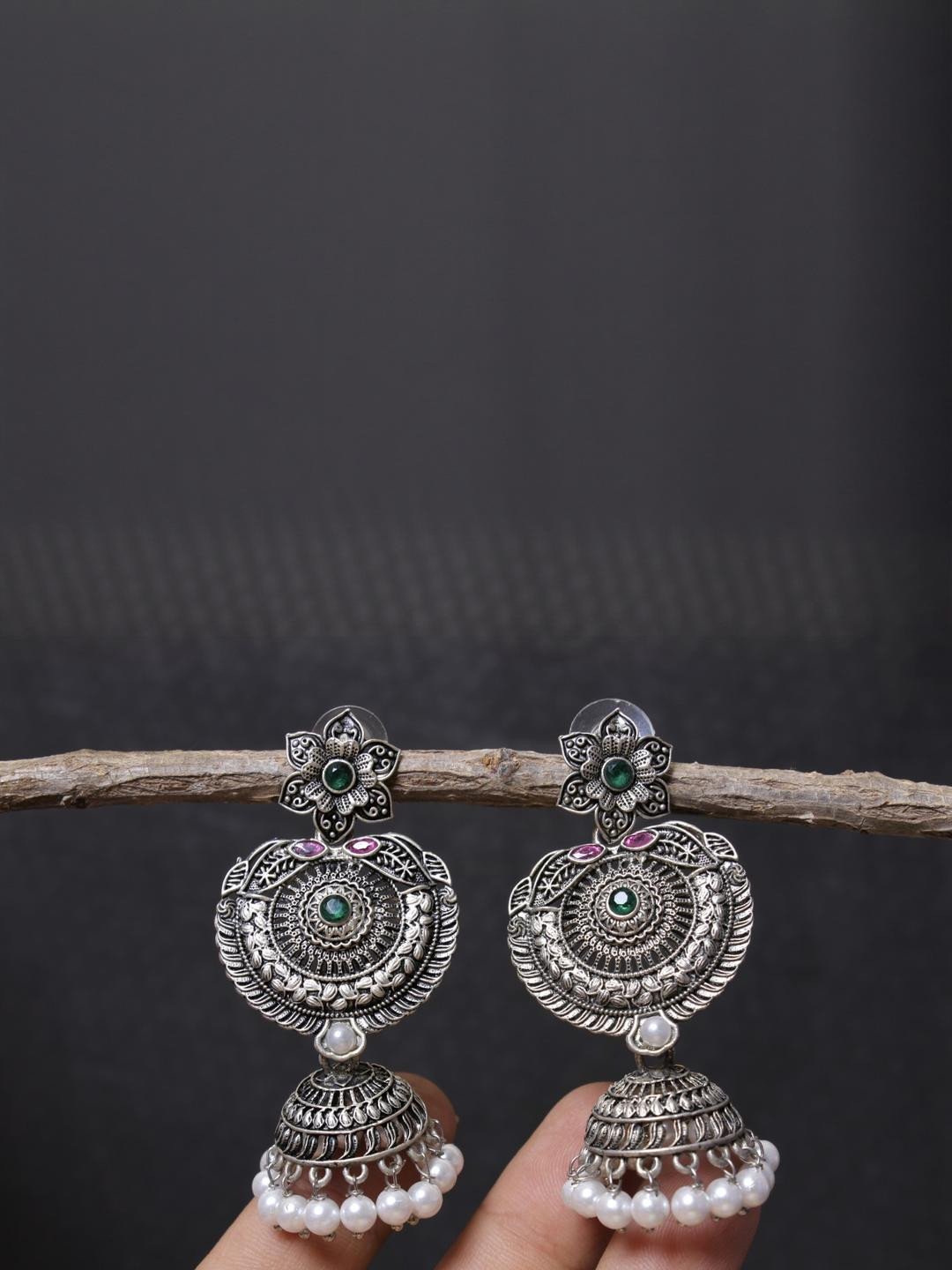 FASHION EMPIRE Silver-Plated Beaded Oxidised German Silver Jhumkas