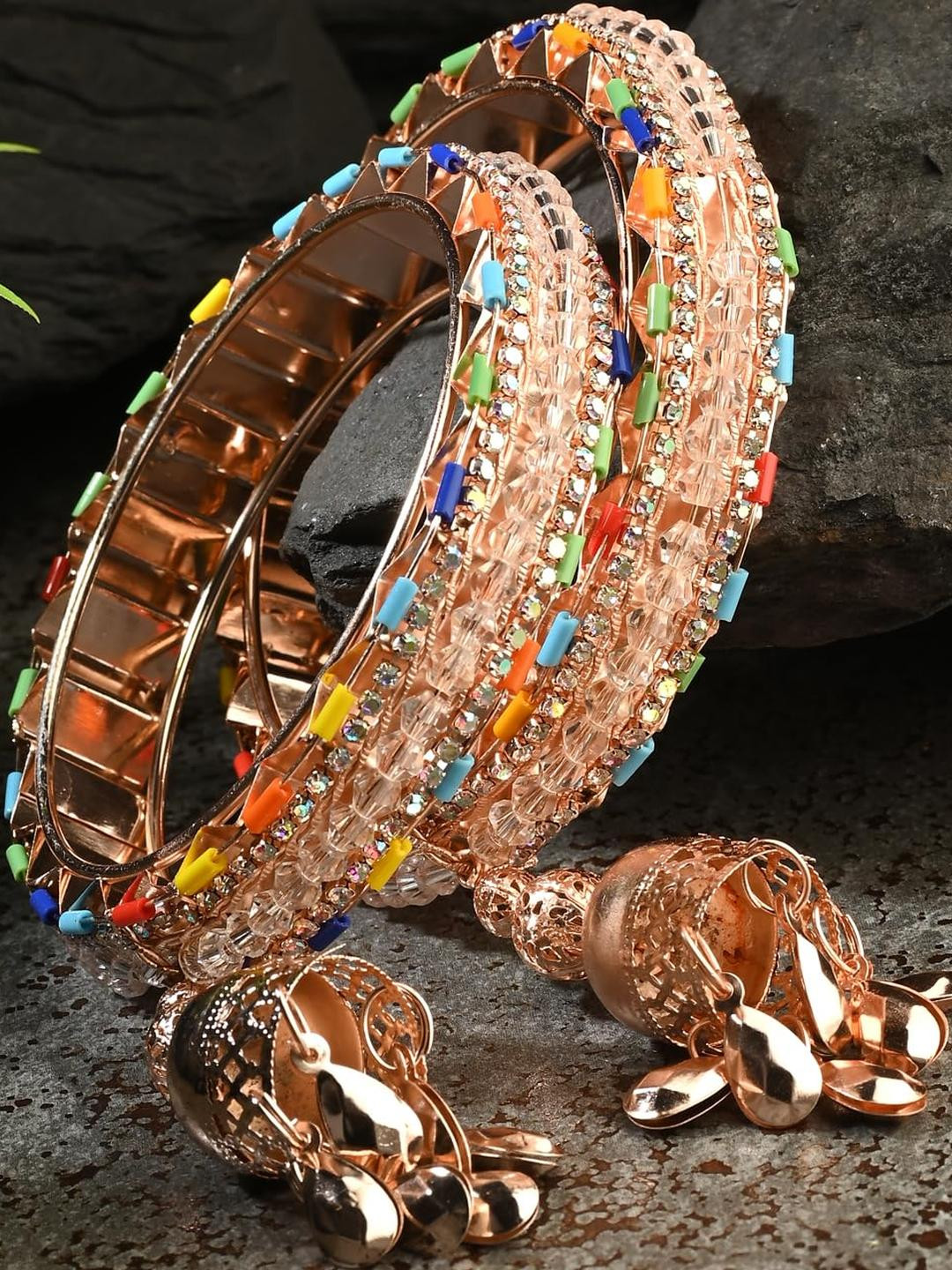 1ST TIME Women's Multi Color Stone Studded Tassels Traditional Handmade Glass Bangle