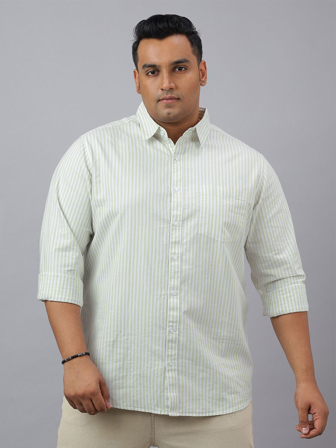 NEON CHILLIE Men's Plus Size Light Green Vertical Stripe Cotton Casual Shirt