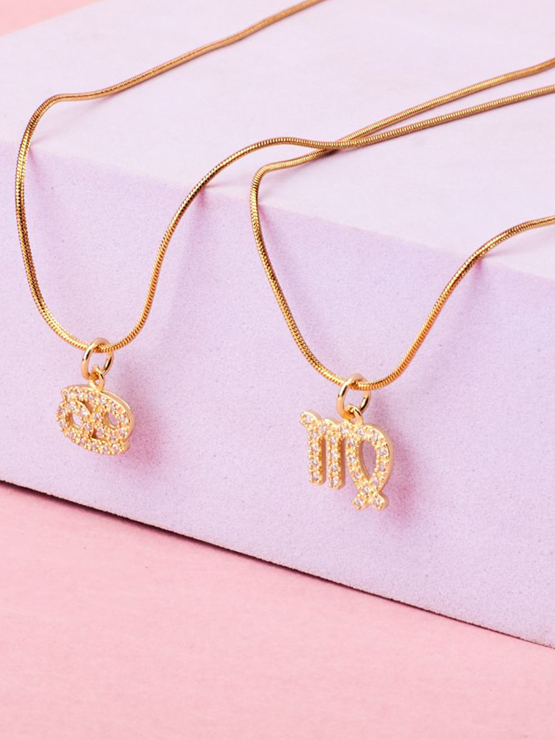 SALTY Set Of 2 Stones-Studded Cancer & Virgo Pendant With Chain