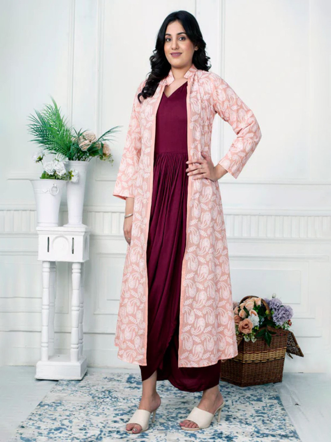 DIIWATAA Women V-Neck Maxi Dress With  Chikankari jacket