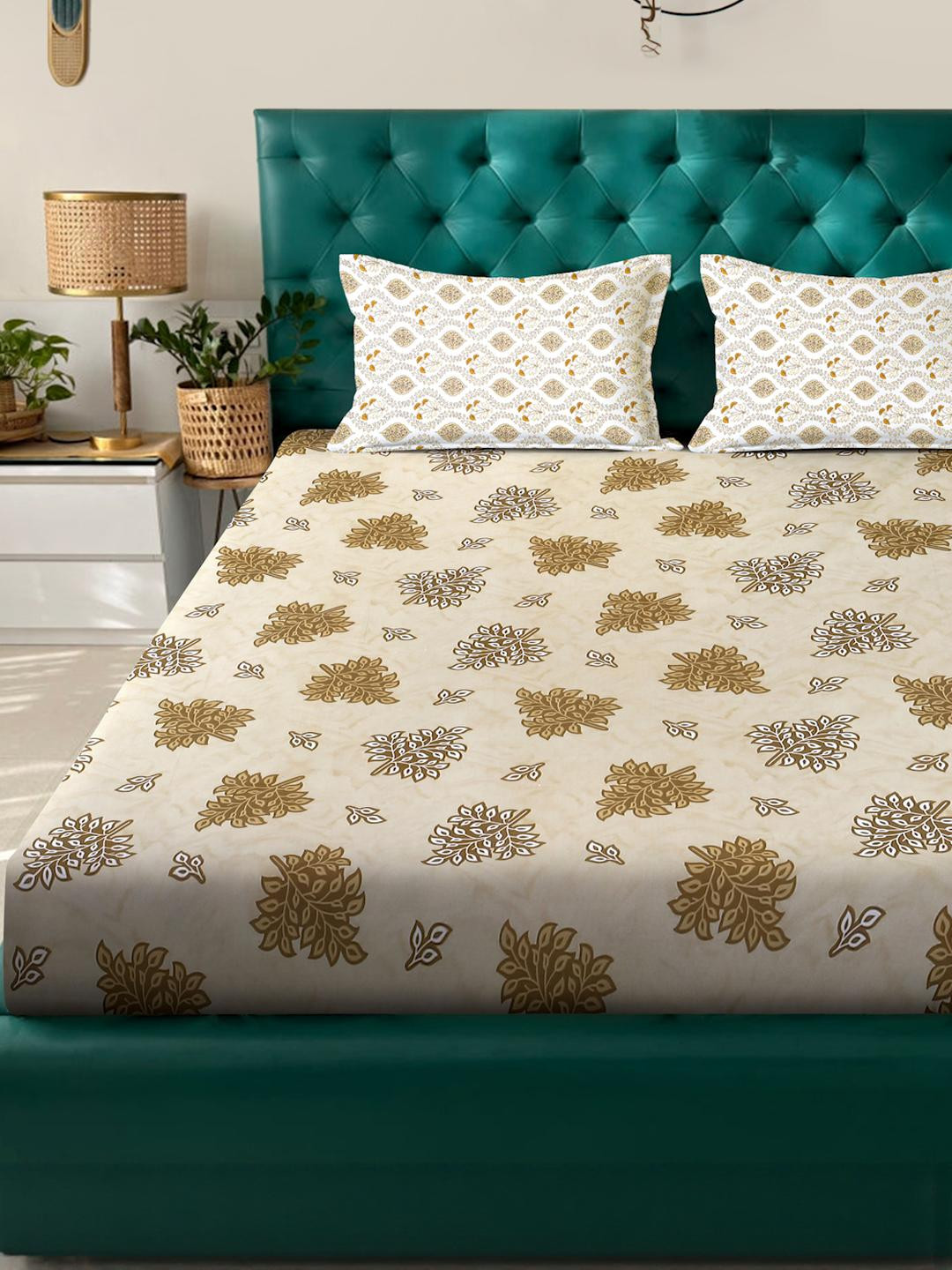 KLOTTHE Yellow Floral Printed Fitted 400 TC King Bedsheet with 2 Pillow Covers