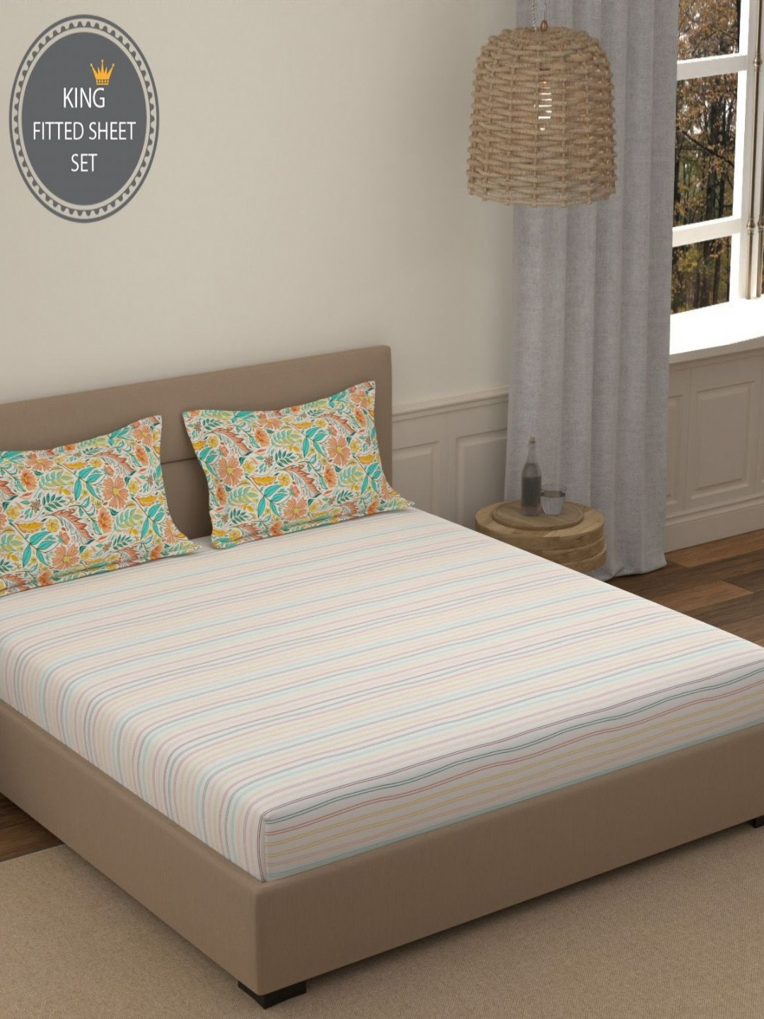 Portico Fusion 144 TC Cotton Off White King Size Fitted Sheet 2 Pillow Covers