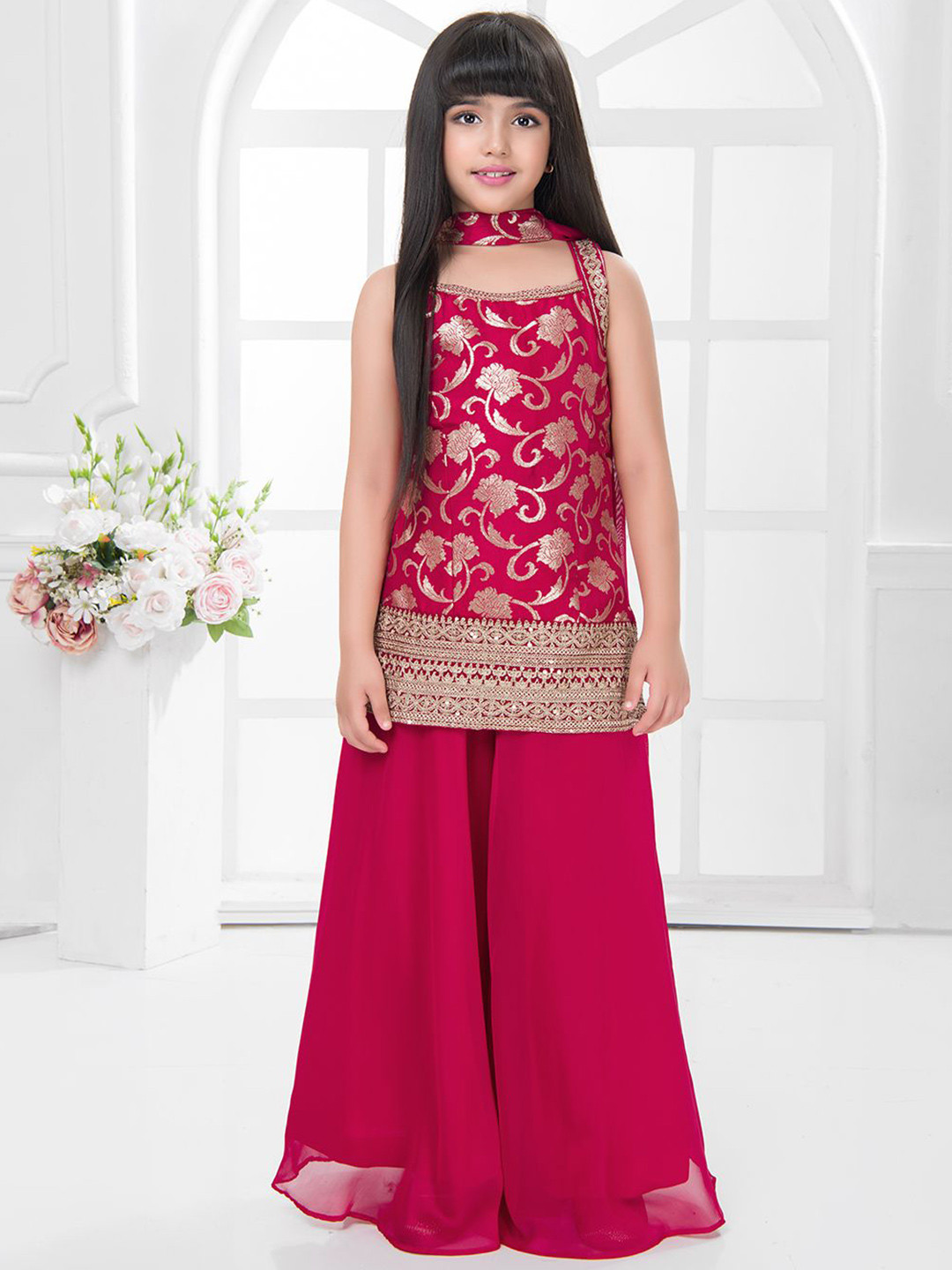 Tiny Kingdom Embroidered Shoulder Strap Neck Kurta & Palazzos With Dupatta