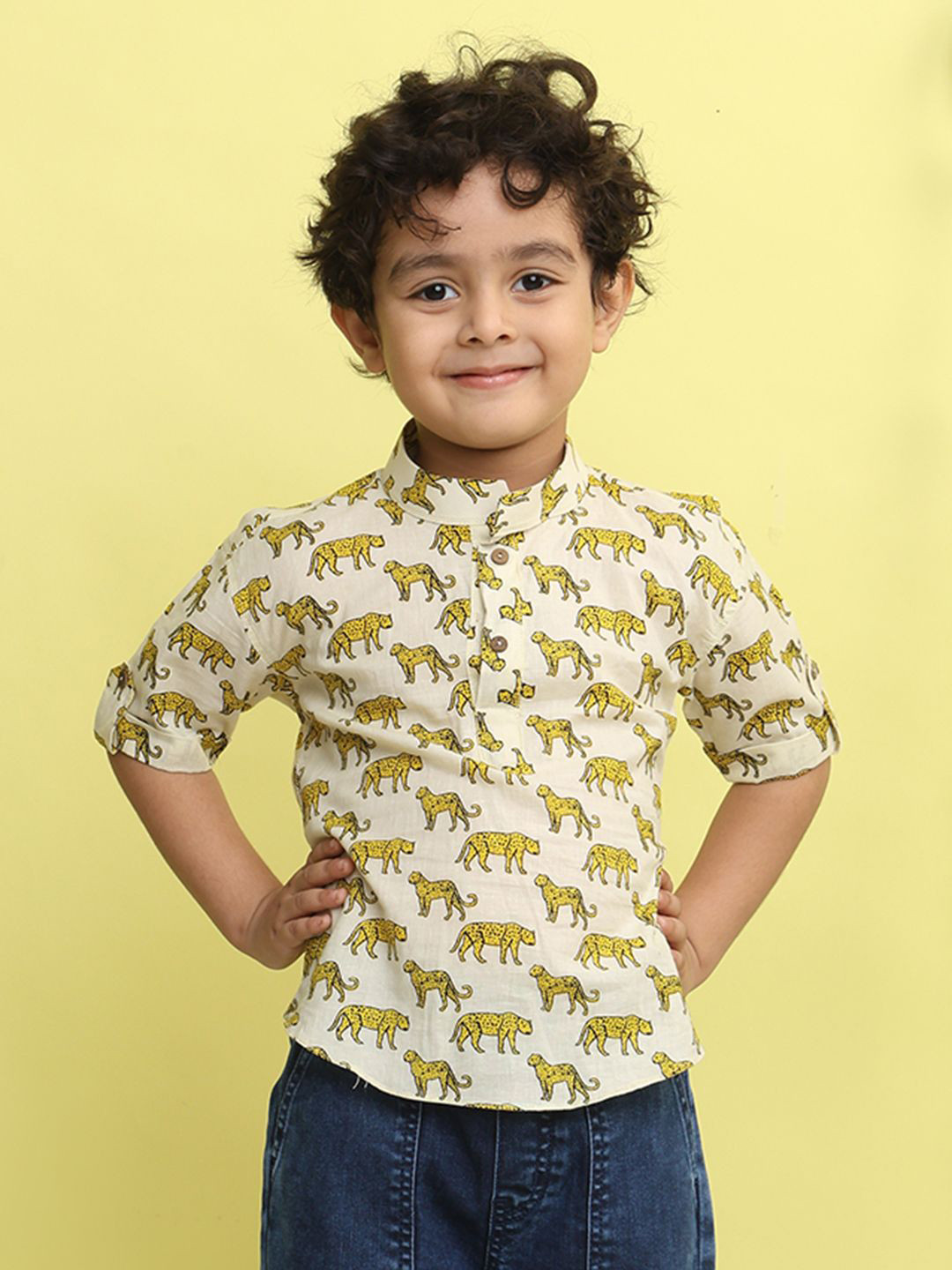 Here&Now X Kinder Kids Boys Tiger Printed Roll-Up Sleeves Mandarin Collar Cotton Shirt