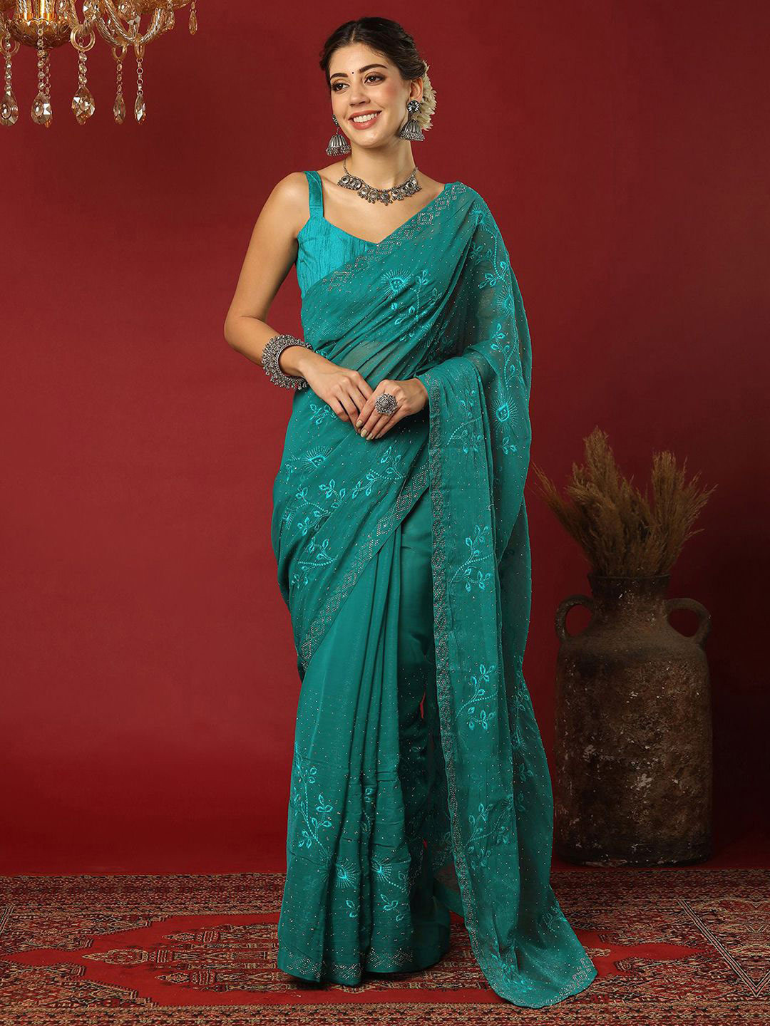 all about you Ethnic Motifs Embroidered Beads and Stones Saree