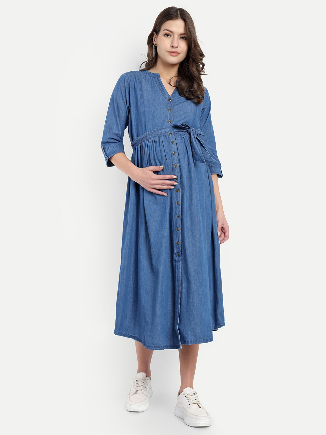 Mammas Maternity Women Belted Maternity Shirt Midi Dress