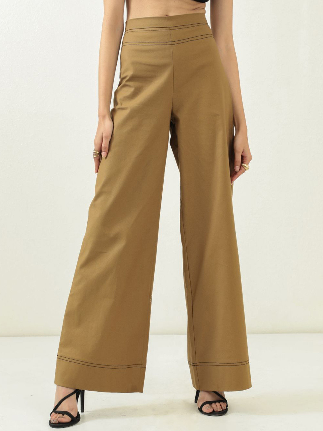 Urban Suburban Women Tailored Loose Fit High-Rise Cotton Wide Leg Trousers