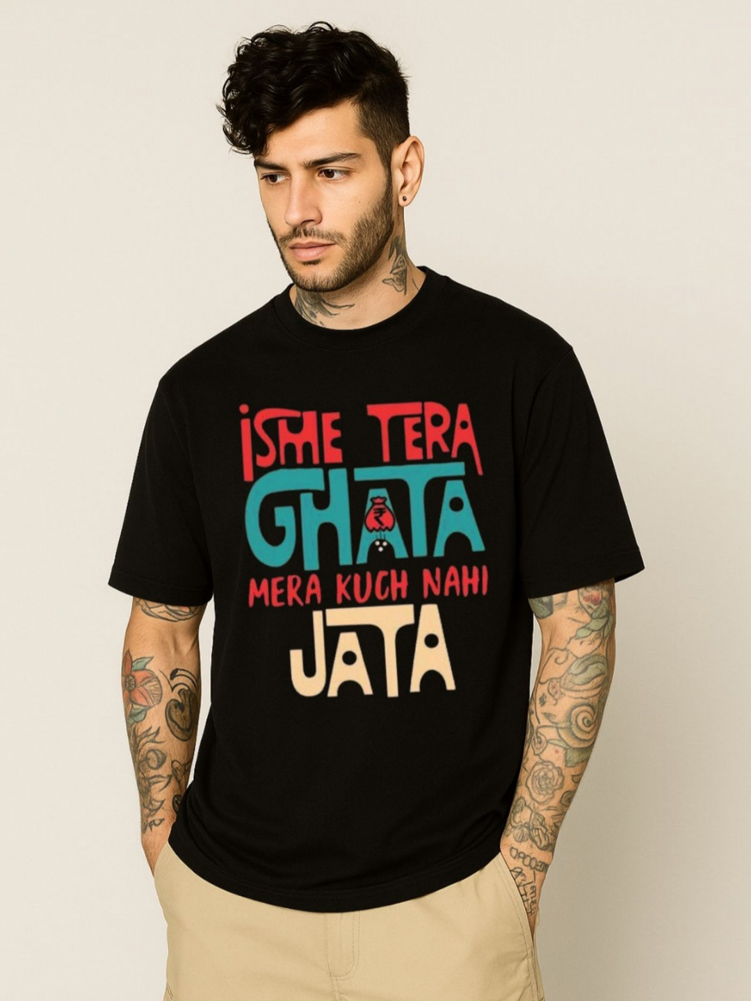 Be Crazy Isme Tera Ghata Printed Round Neck Oversized Cotton T-shirt