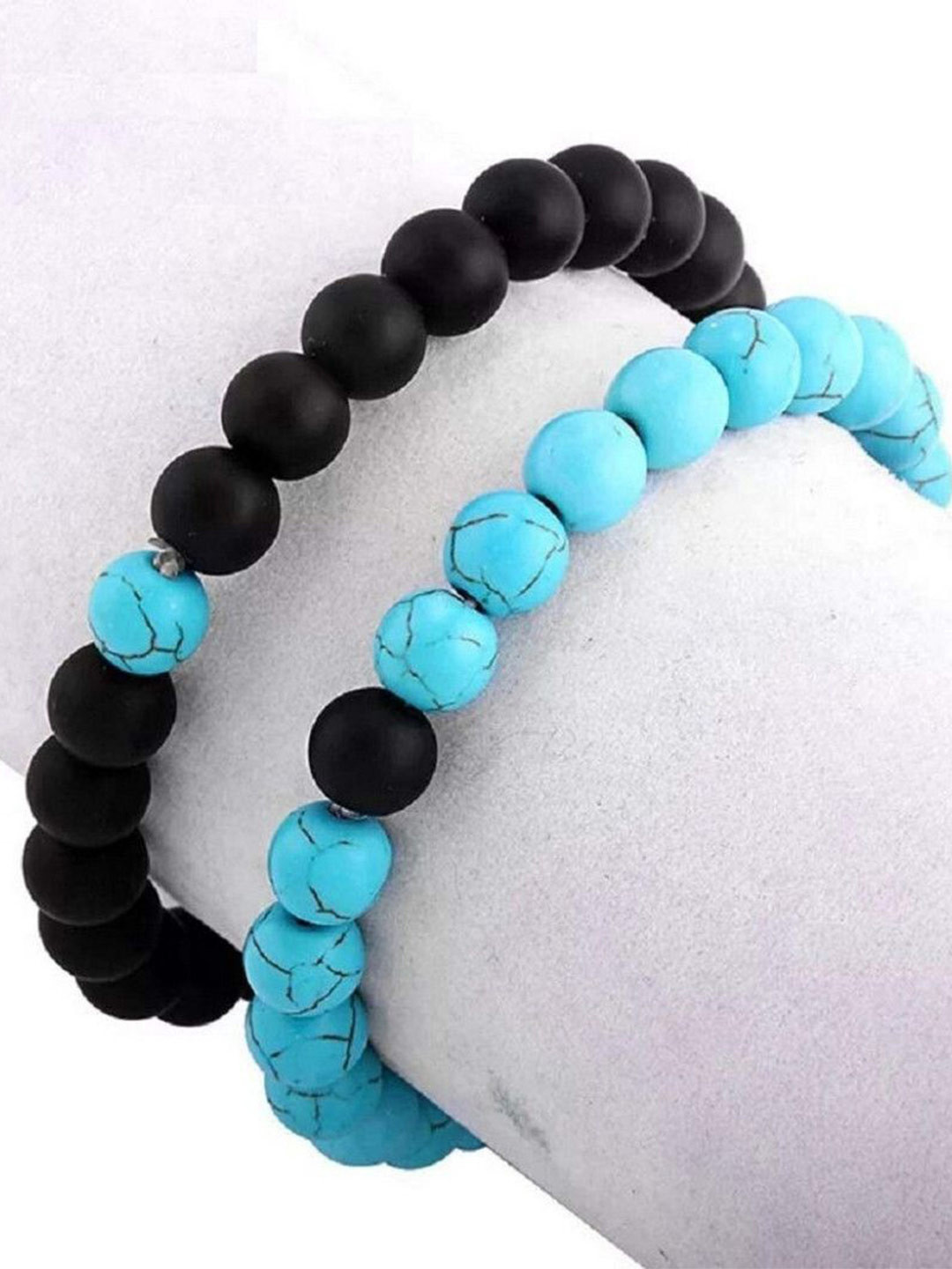 Ringzinnie Set of 2 Black & Blue Artificial Beads Beaded Elasticated Bracelets