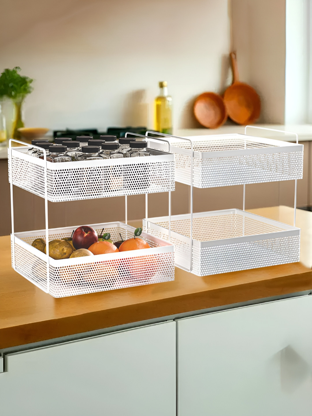 RUBOXA Set of 2 White Metal Square 2-Tier Kitchen Storage Rack Stand Organiser