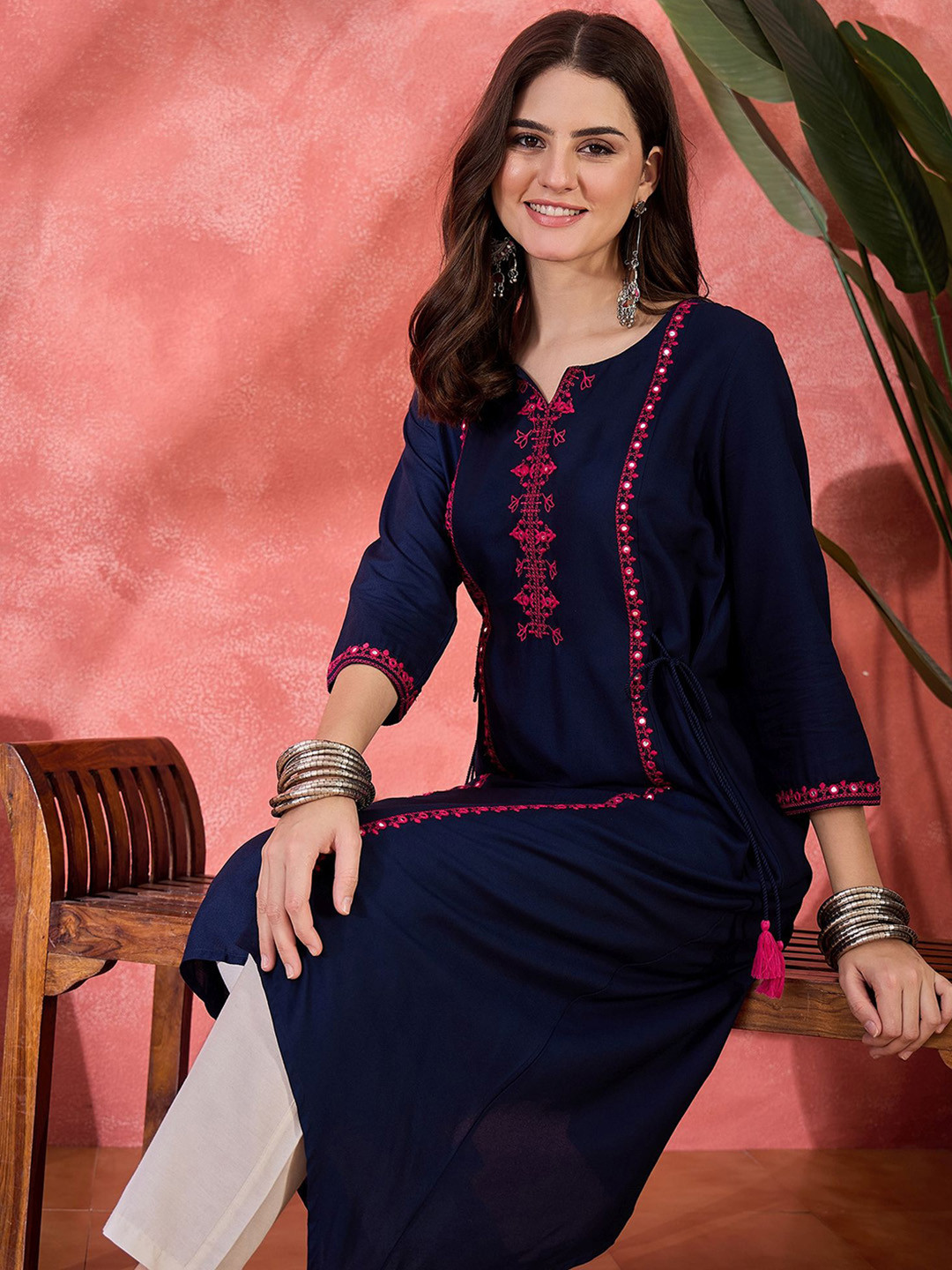 Sangria Floral Embroidered Mirror Work Asymmetric A-Line Kurta