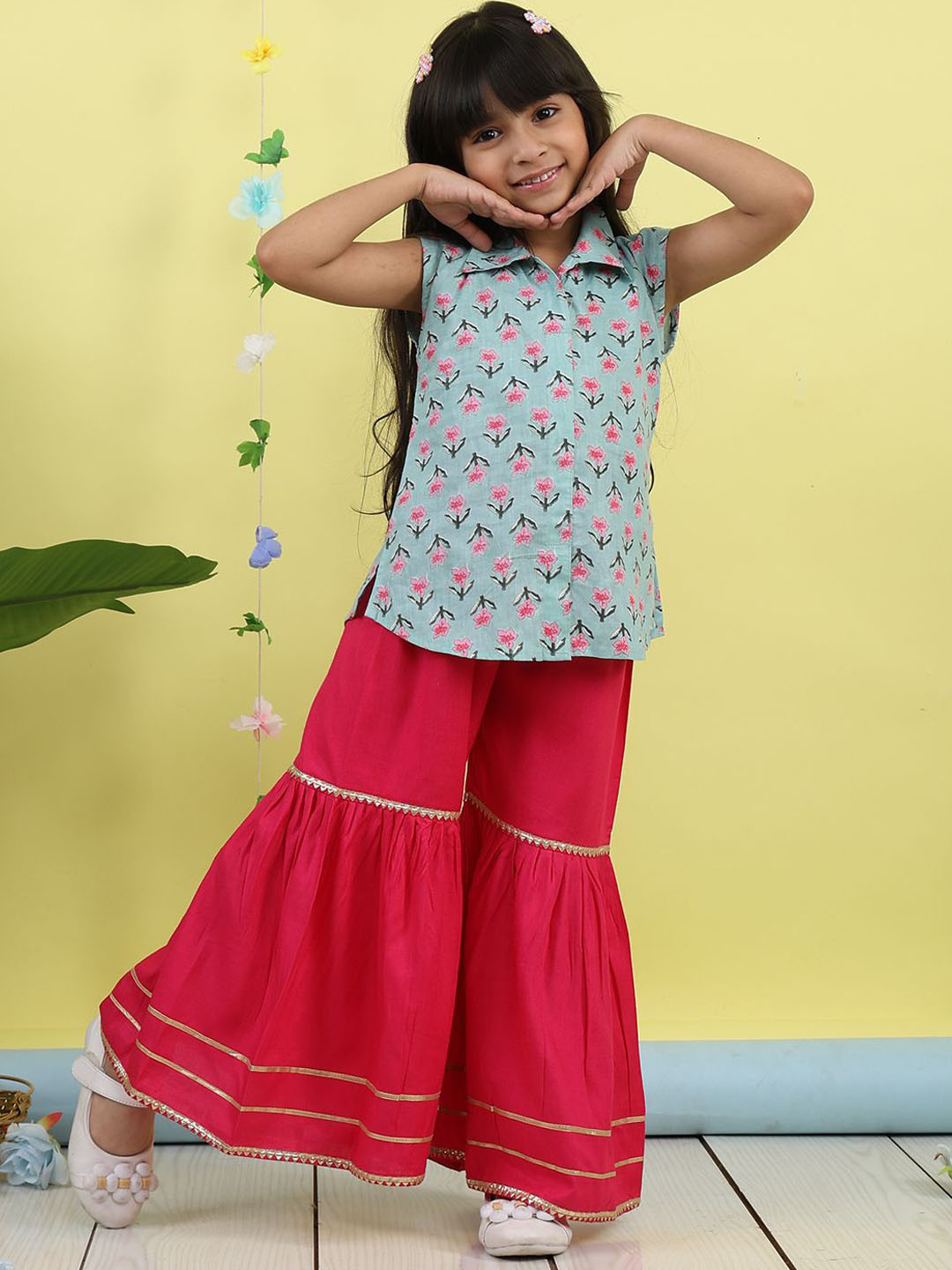 Sangria Girls Floral Printed Shirt Collar Pure Cotton Straight Kurti & Sharara
